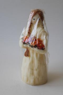 70s vintage figural candle, cornhusk doll girl, rustic cottagecore retro