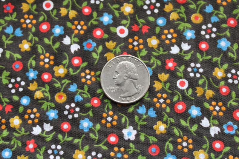 70s vintage flowered calico cotton or blend, olive green w/ bright flowers