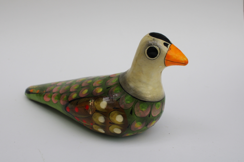 70s vintage hand painted Mexican folk art paper mache bird figurine, pigeon or dove