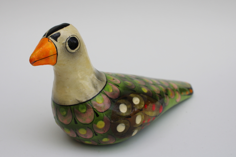 70s vintage hand painted Mexican folk art paper mache bird figurine, pigeon or dove