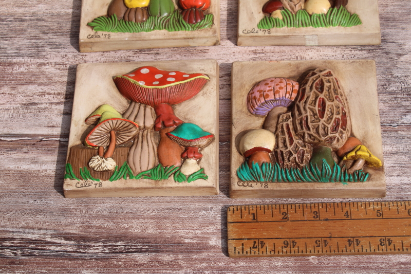 70s vintage hand painted mushrooms ceramic tile wall art plaques, wild groovy retro decor