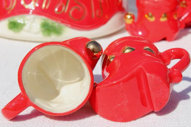 70s vintage handmade ceramic punch set, Christmas bowl w/ elf shoes punch cups