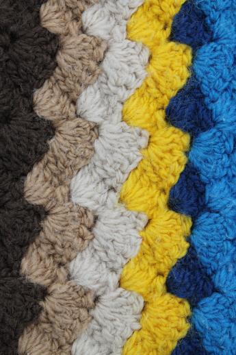 70s vintage handmade crochet rug, boho stripes in retro urban mod colors