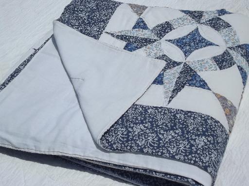 70s vintage hand-quilted blue and brown cotton prints patchwork quilt
