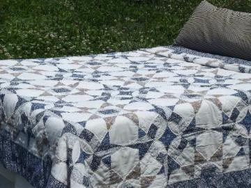 70s vintage hand-quilted blue and brown cotton prints patchwork quilt