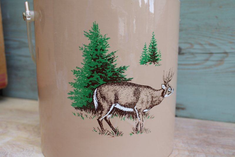 70s vintage ice bucket, retro barware for camp cabin decor, deer w/ pine trees