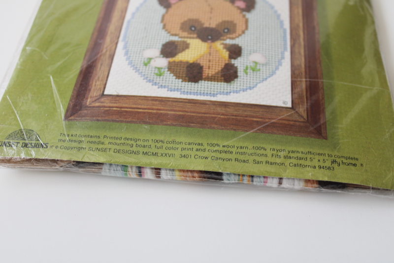 70s vintage kit Jiffy Needlepoint wool yarn  print canvas Honey Bear teddy