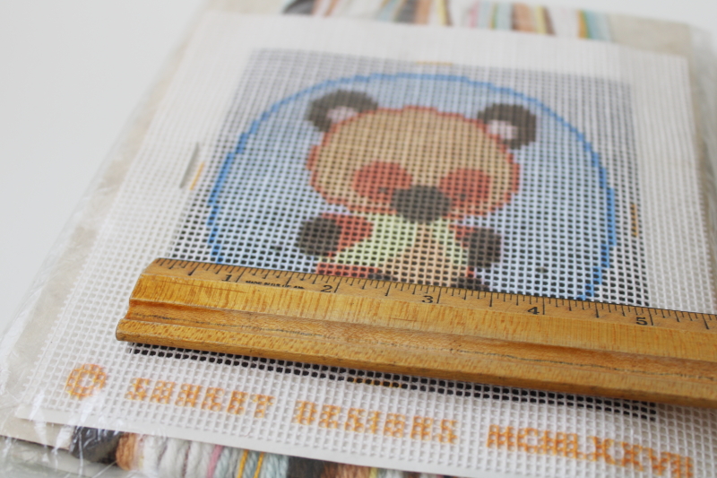 70s vintage kit Jiffy Needlepoint wool yarn  print canvas Honey Bear teddy