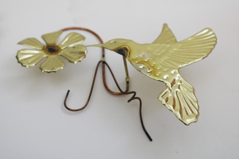 70s vintage metal art wall plaques, copper and brass hummingbirds w/ flowers