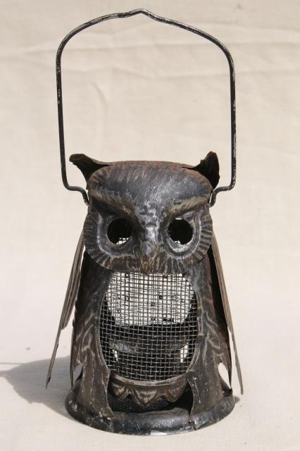 70s vintage metal owl candle lantern fairy light for rustic fall decor or Halloween