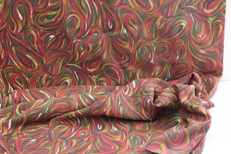 70s vintage mod girl silky polyester fabric, print swirls burgundy, olive, mustard