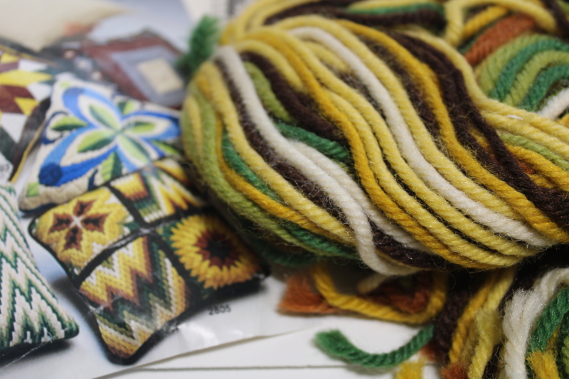 70s vintage needlework kit, wool yarns, chart canvas for bargello