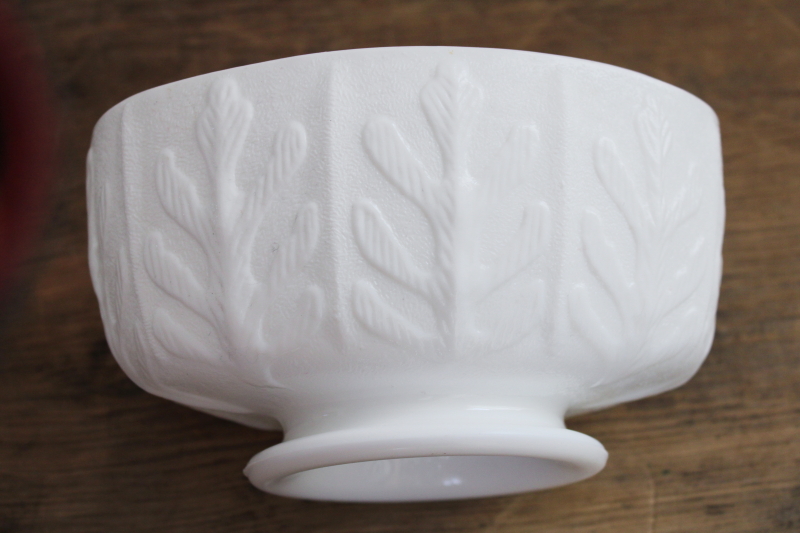 70s vintage oak leaf milk glass oval planter or vase, embossed leaves pattern