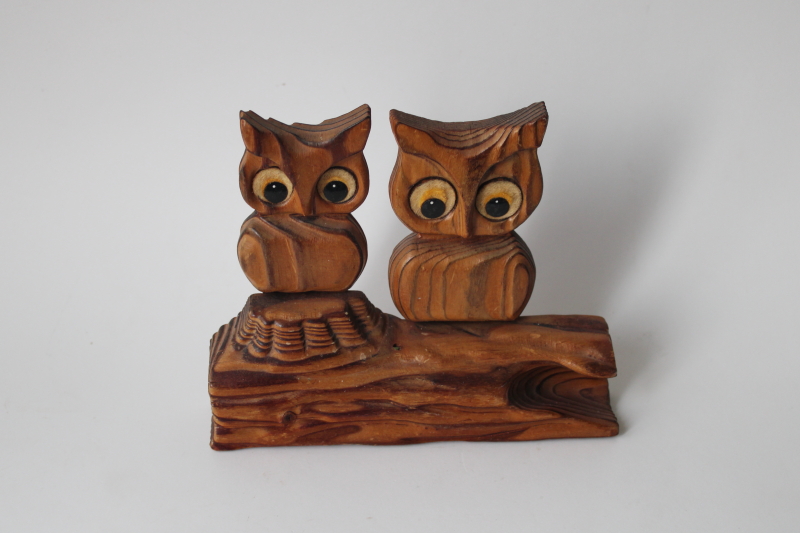 70s vintage owls on a log, carved cedar wood big eyed owl couple