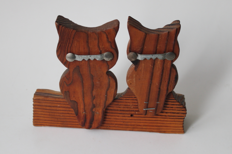 70s vintage owls on a log, carved cedar wood big eyed owl couple