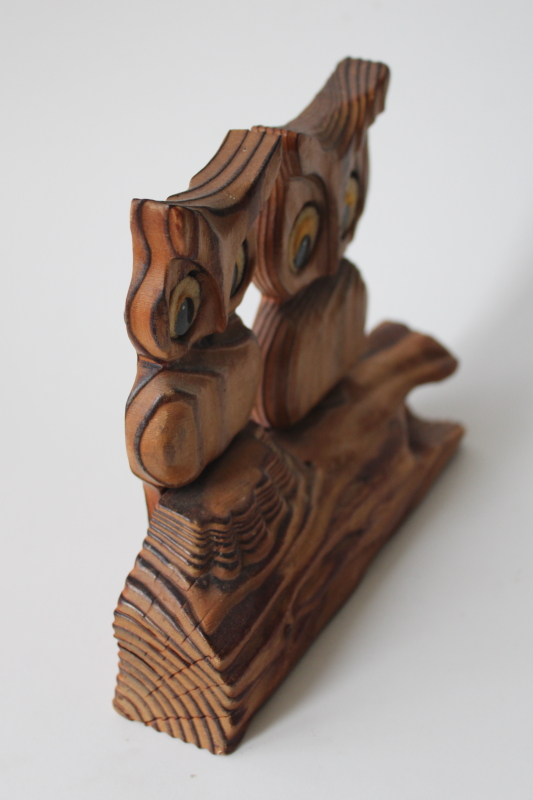 70s vintage owls on a log, carved cedar wood big eyed owl couple