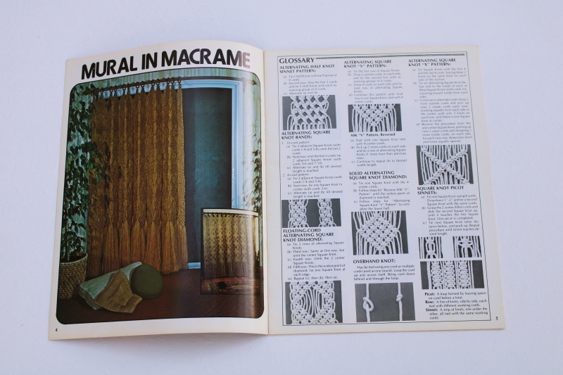 70s vintage pattern booklet macrame designs, retro hippie curtains fringed shades for windows