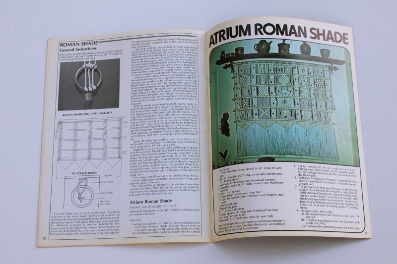 70s vintage pattern booklet macrame designs, retro hippie curtains fringed shades for windows