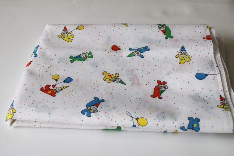 70s vintage poly cotton blend fabric, multicolor circus clowns print on white