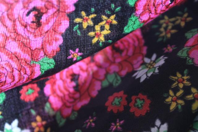 70s vintage poly fabric, retro gypsy punk boho floral print black w/ shocking pink roses