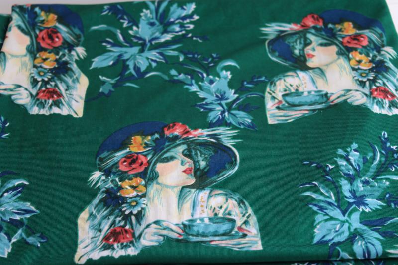 70s vintage poly knit fabric w/ deco style print, sophisticated ladies in cloche hats