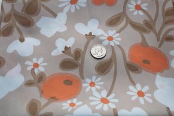 70s vintage polyester crepe fabric, groovy daisies floral orange & white on greige