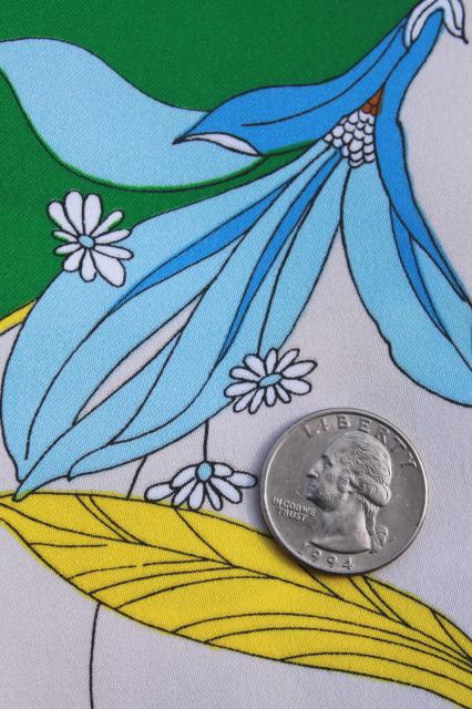 70s vintage polyester fabric, blue lily tropical leaves print, very retro!