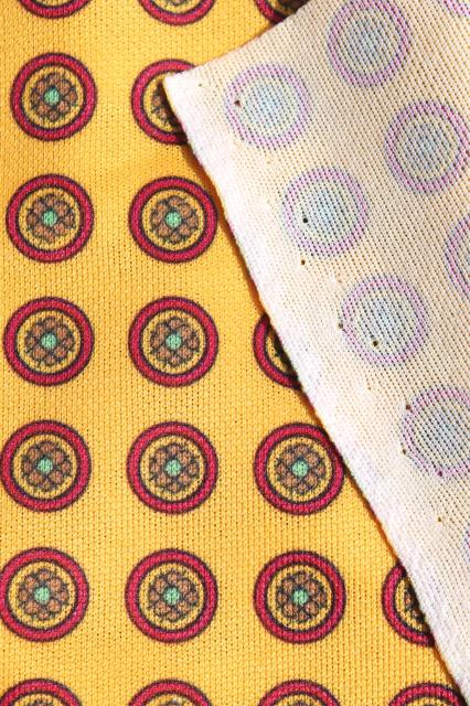 70s vintage polyester tricot knit fabric w/ yellow foulard print, working girl menswear retro!