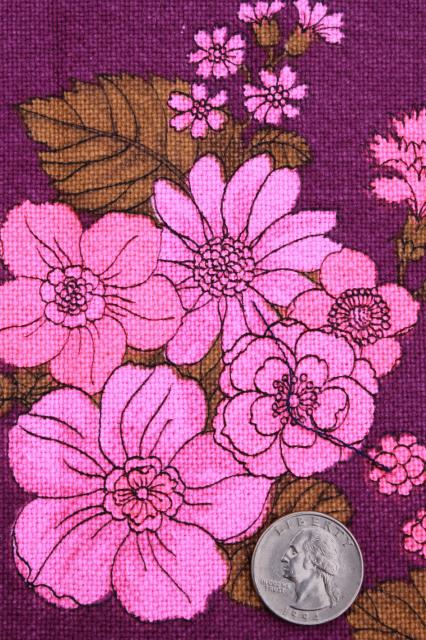 70s vintage print fabric, retro magenta pink flowers on raspberry purple linen weave cotton fabric