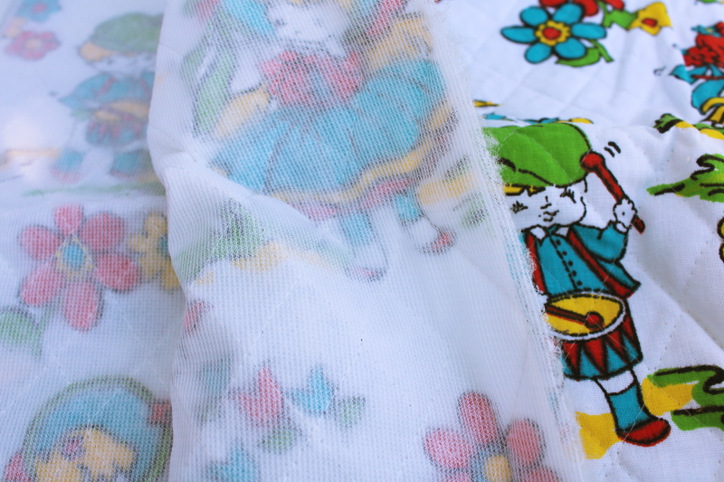 70s vintage quilted fabric w/ old fashioned children, girl in bonnet, drummer boy