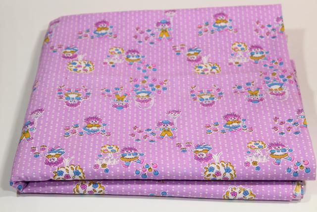 70s vintage quilting weight cotton fabric, Raggedy Ann dolls on lavender purple