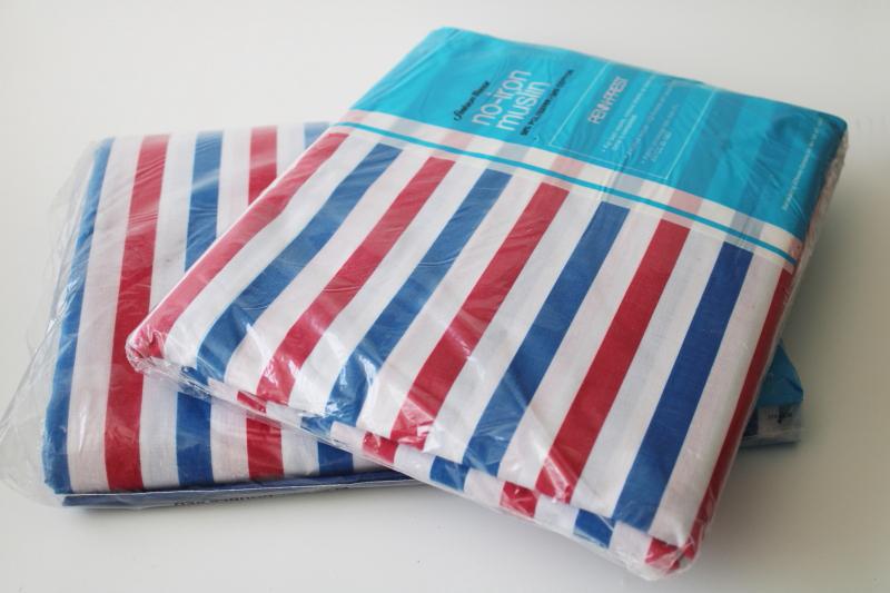 70s vintage red white blue striped poly cotton bedding, full double flat & fitted sheets