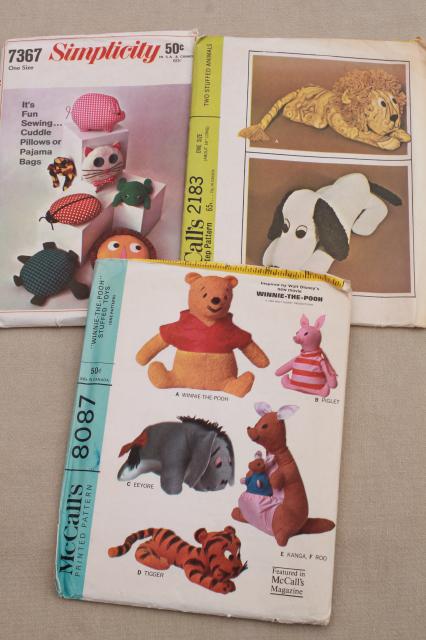 70s vintage sewing craft patterns for retro stuffed animals & toys, Pooh, Snoopy dog