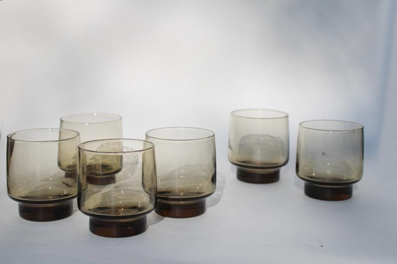 70s vintage smoke brown glass lowballs, Libbey tawny Accent drinking glasses barware