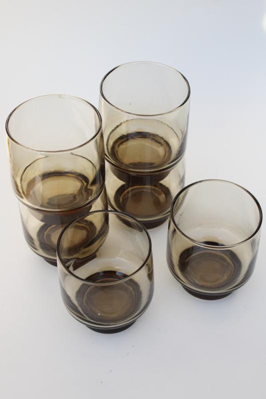 70s Vintage Smoke Brown Glass Lowballs Libbey Tawny Accent Drinking Glasses Barware