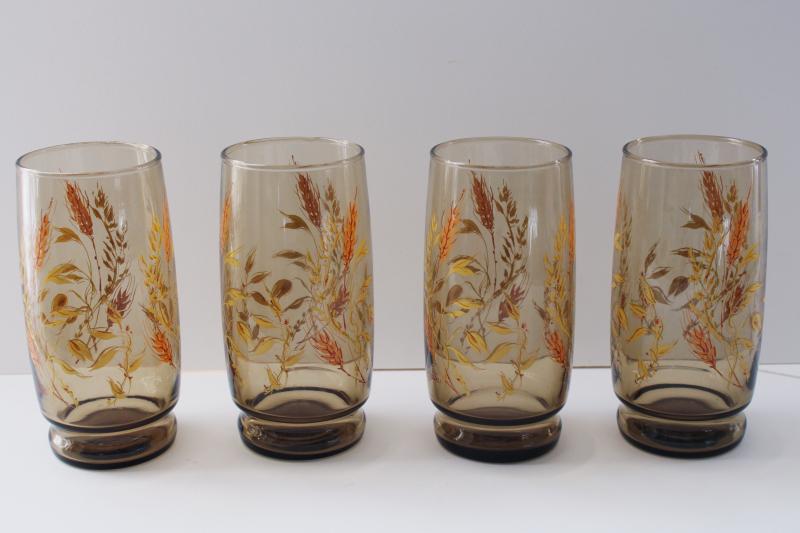 70s vintage smoke brown glass wheat pattern drinking glasses, Triguba Anchor Hocking