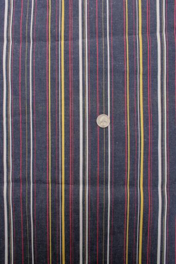 70s vintage striped jeans fabric, yellow & red woven stripe blue denim