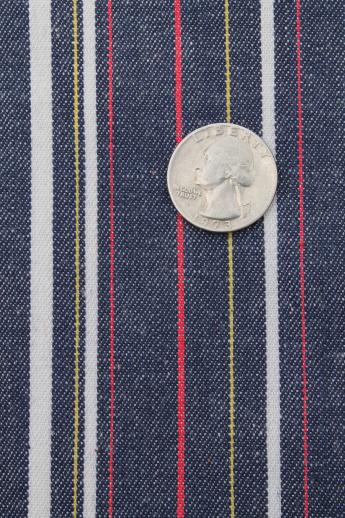 70s vintage striped jeans fabric, yellow & red woven stripe blue denim