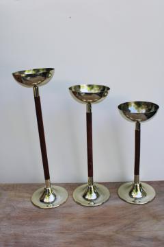 70s vintage tall pillar candle holders trio, mid-century mod style wood  gold tone metal