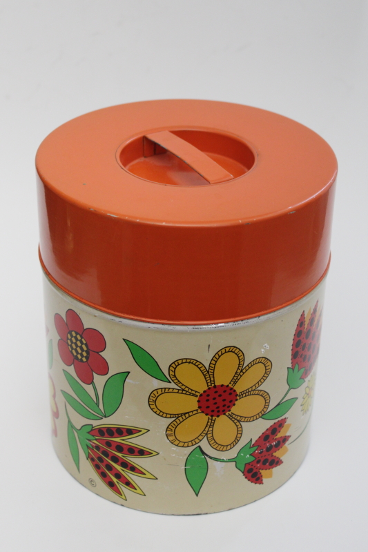 70s vintage tin or cookie jar, bohemian style kitchen canister, retro flowers w/ orange
