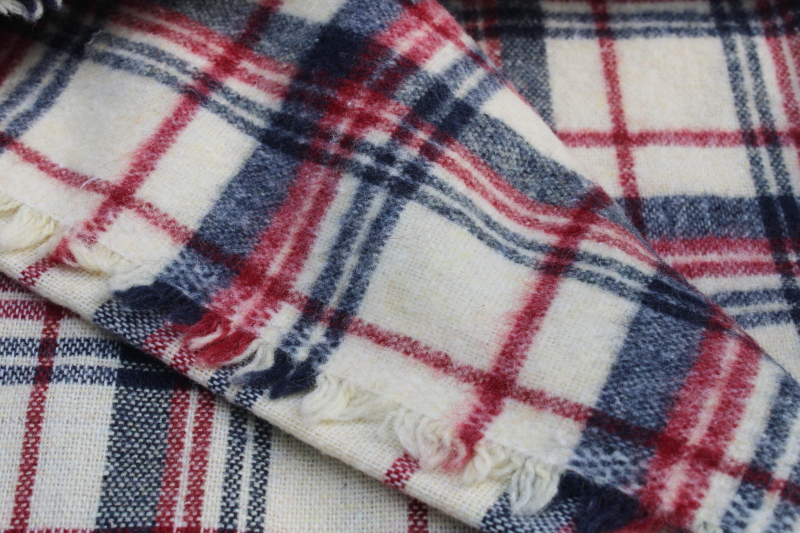 70s vintage wool look acrylic fabric, woven plaid red  blue on ivory white