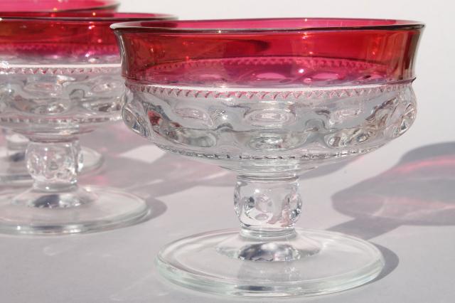 8 vintage Kings Crown pattern glass sherbets or champagne glasses w/ ruby band red flashed color