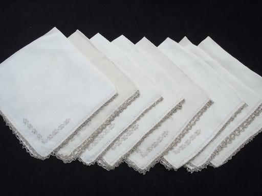 8 vintage dinner napkins, very fine flax handkerchief linen, lace edged