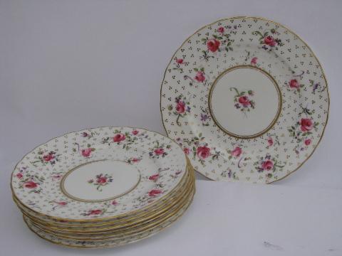 8 vintage roses china plates, Royal Chelsea hand-painted English porcelain
