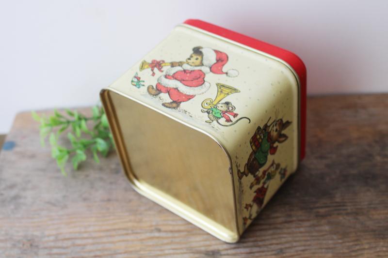 80s 90s vintage Christmas tin canister, forest animals musical marching band parade