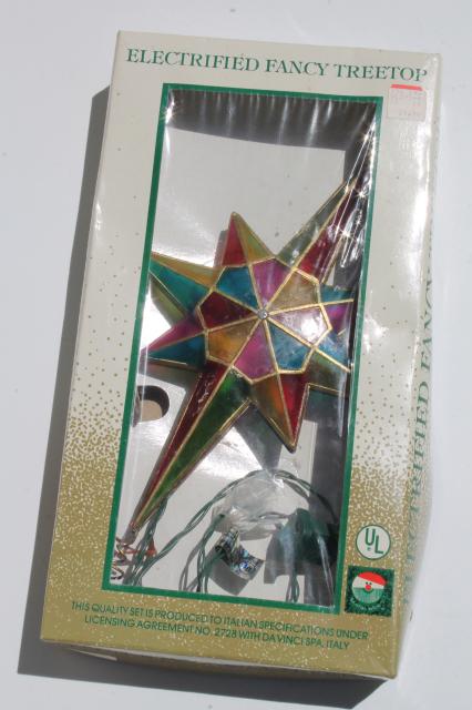80s 90s vintage Christmas tree topper ornament, lighted star, capiz shell stained glass plastic