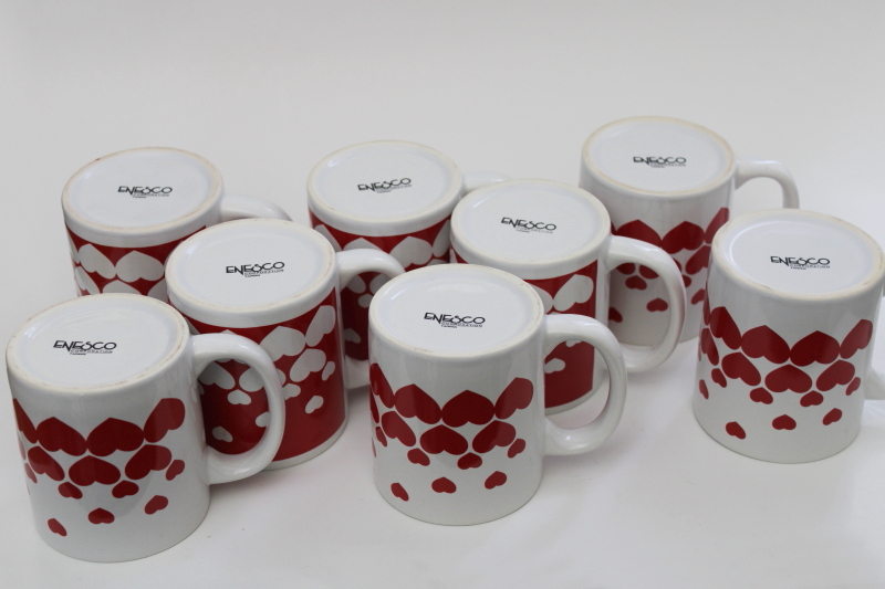 80s 90s vintage Enesco Valentines Day mugs, mod red  white hearts