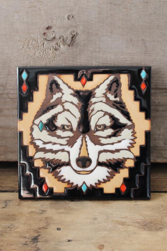 80s 90s vintage Masterworks art tile ceramic trivet, Native American wolf