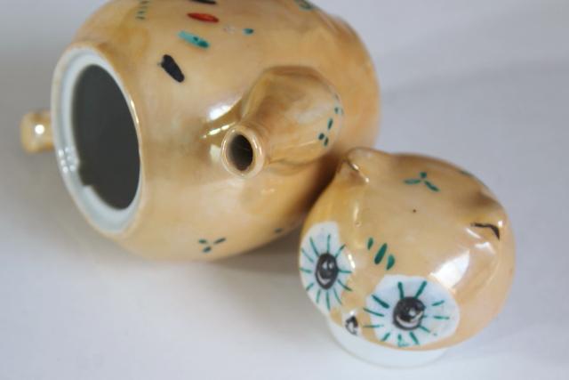 80s 90s vintage Pier 1 porcelain tea pot made in China, hand painted big eye cat or owl
