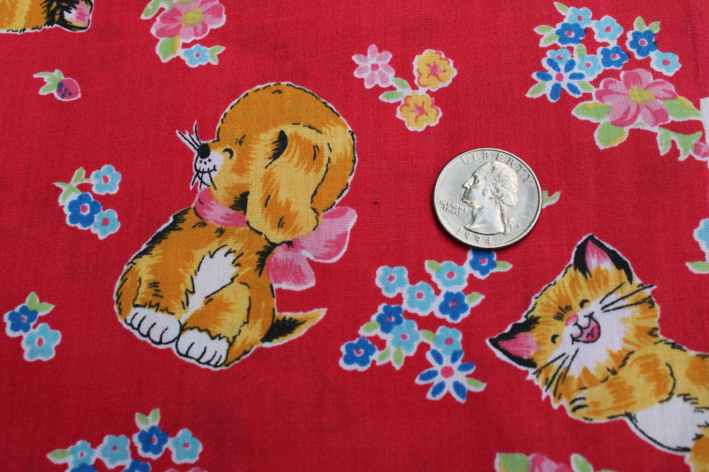 80s 90s vintage Springs cotton fabric, puppies  kittens print bright colors